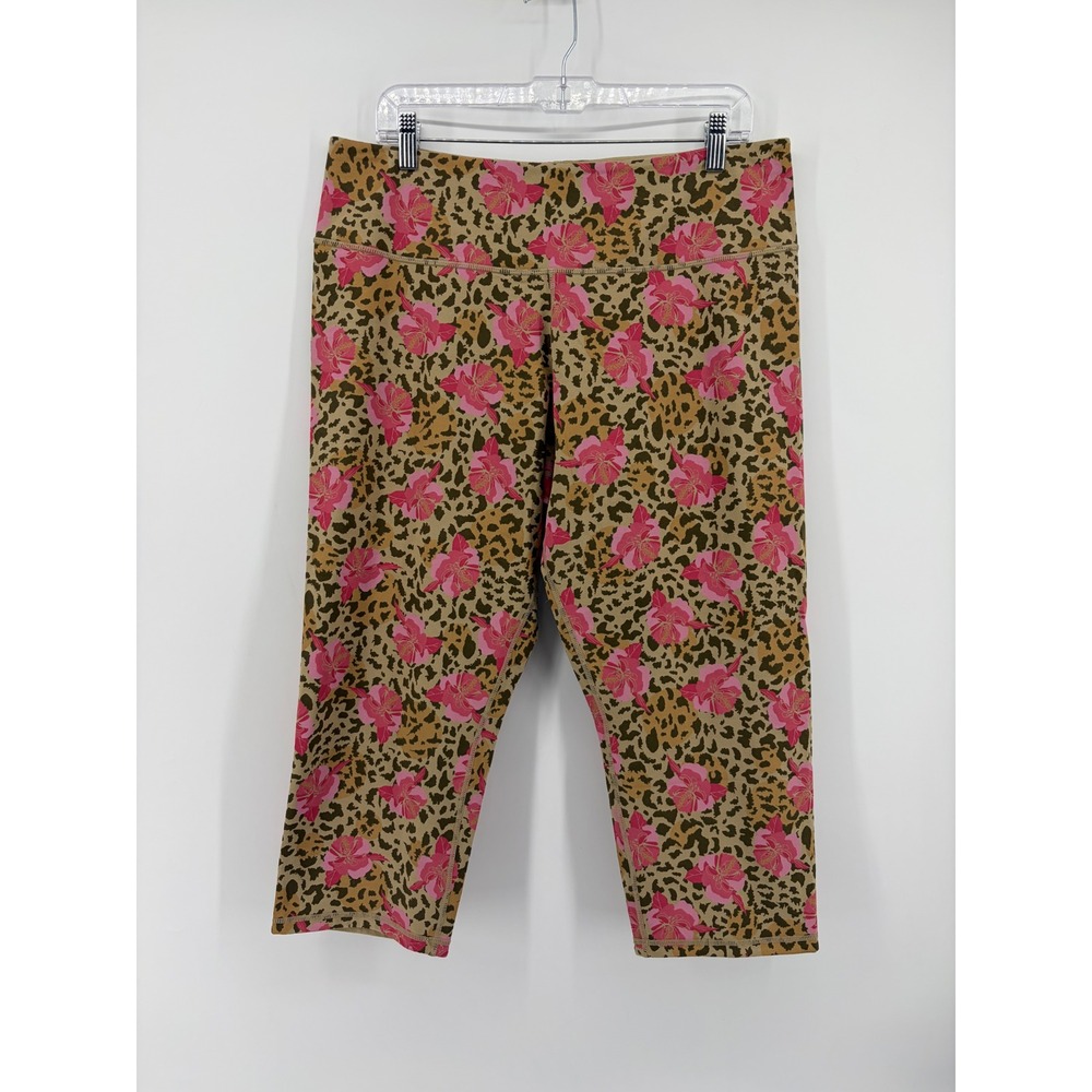 Women with Control Womens L Tan Pink Leopard‎ Floral Capri Leggings Reversible